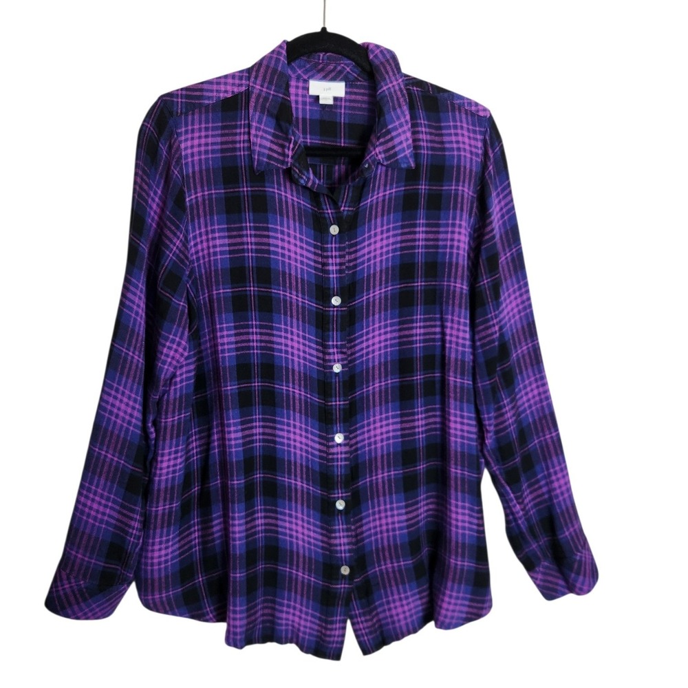 J. Jill Womens Purple Black Plaid Rayon Button Down Shirt Long Sleeve Size L